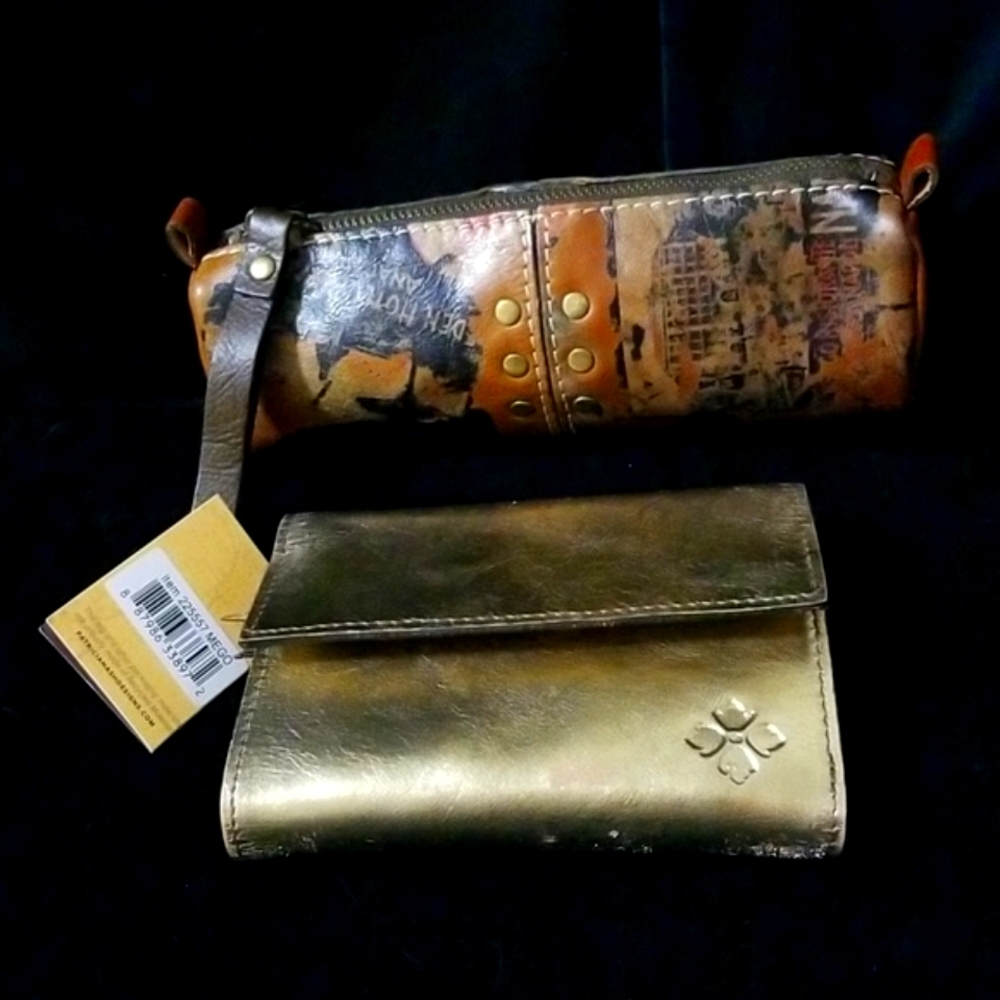 (2) Patricia Nash Woodstock Wallet & Travel Stickers Leather Bellizi Makeup Bag.